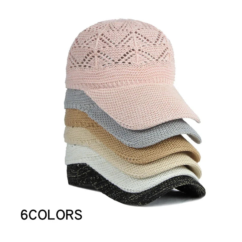 Women's sun protection hat. Adjustable breathable mesh knit baseball cap for comfortable summer outdoor wear.
