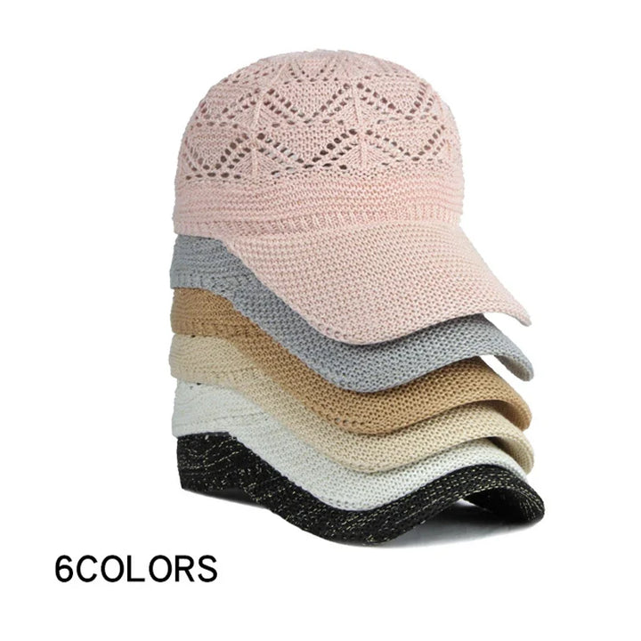 Women's sun protection hat. Adjustable breathable mesh knit baseball cap for comfortable summer outdoor wear.