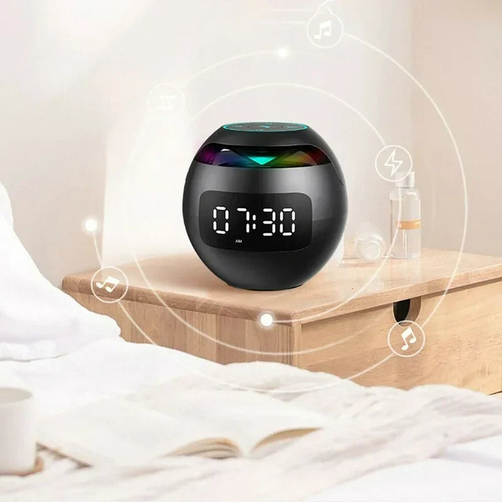 All-in-one modern digital clock: alarm, Bluetooth speaker, and ambient night light, perfect for smart homes.