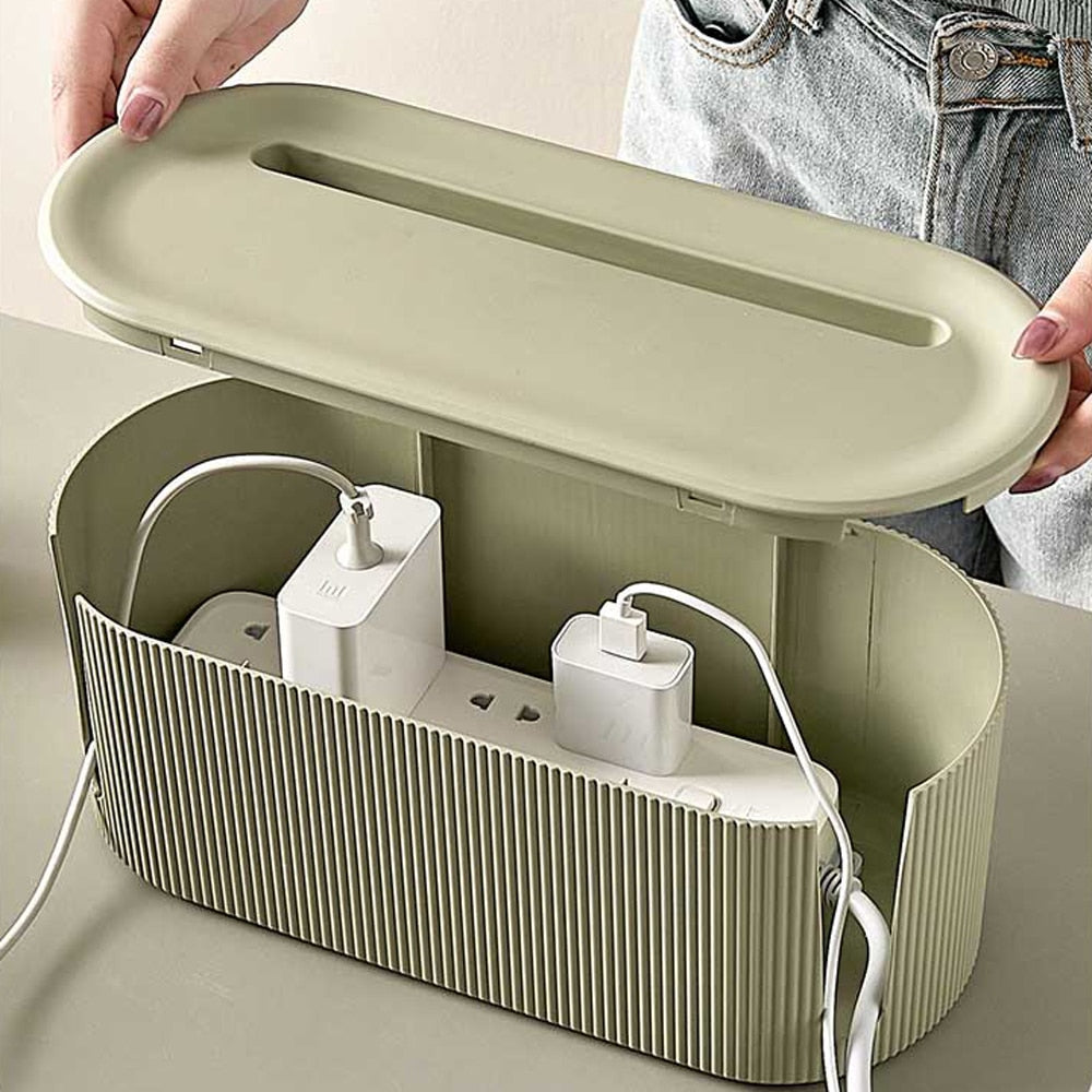 Modern desk organization with a set of 2 universal cable and charger storage boxes for a clean workspace.