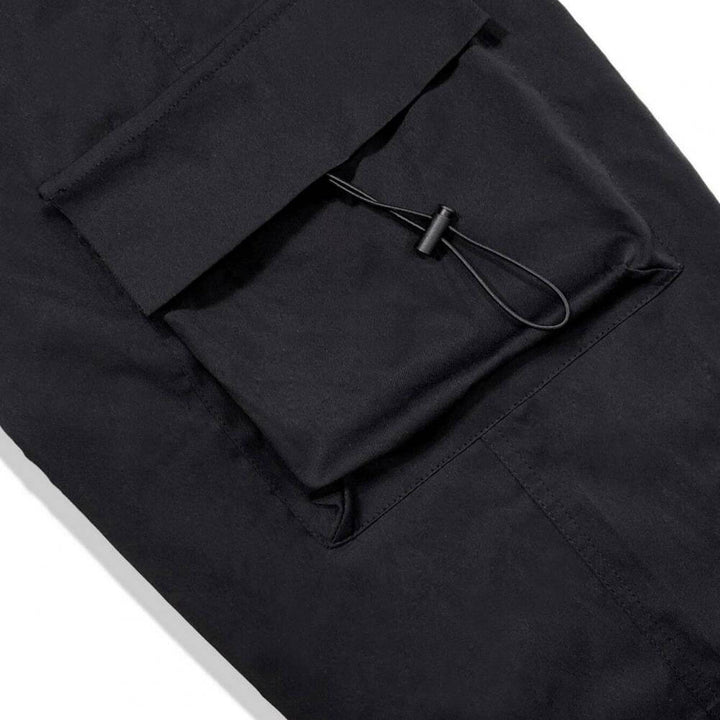 Streetwear-ready black cargo joggers, relaxed fit unisex design in soft polyester for all-day wear.
