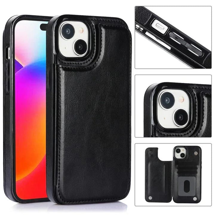 Unisex iPhone leather wallet case, card holder, magnetic closure for daily protection.