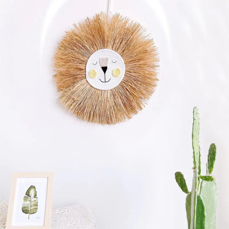 Children's room rattan wall art featuring a gentle lion. Ideal nursery decor & kids' bedroom art.