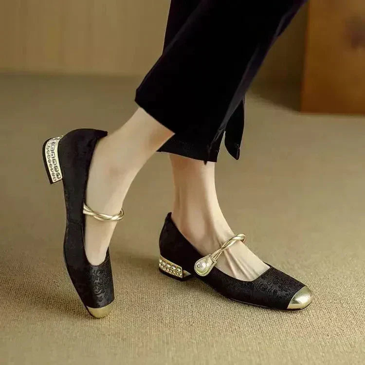 Formal women's evening shoes: vintage pearl strap Mary Jane heels with block heel.