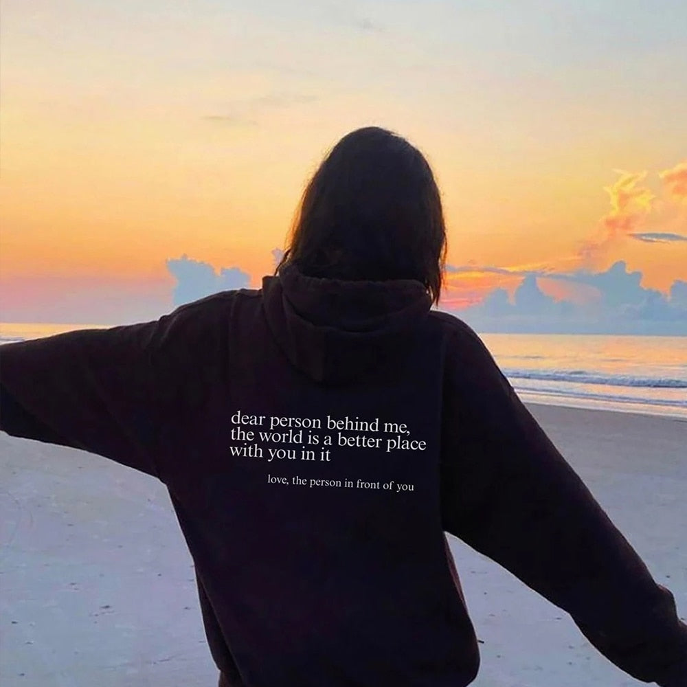 Women's 'Dear Person Behind Me' slogan hoodie. Inspiring graphic pullover for casual wear & comfort.