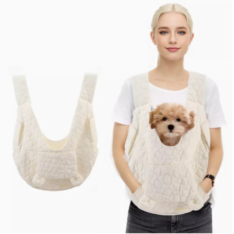 White small dog carrier with hands-free design, breathable fabric & storage pockets for convenient pet travel.