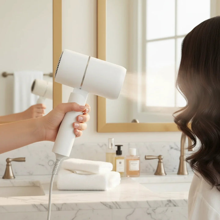 Compact foldable ionic hair dryer for travel. Unisex design offers frizz-free hair with powerful styling.