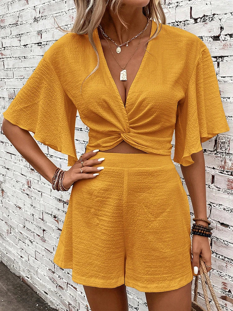 Women's Twist Front Crop Top & Shorts Set