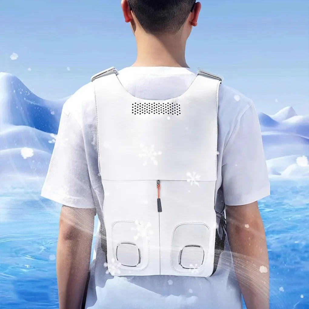 Adjustable unisex cooling vest with dual fans, designed for lightweight comfort and summer heat relief.