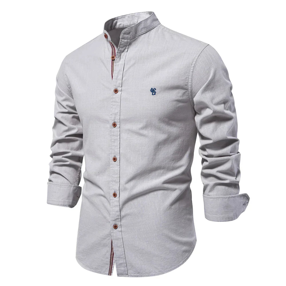 White men's long sleeve slim fit button-up shirt. Everyday versatile fashion for work & leisure.