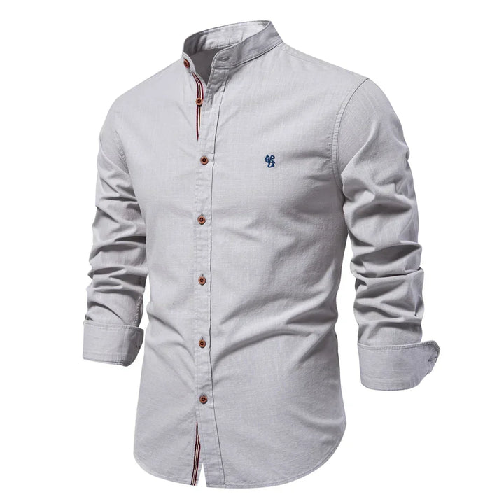 White men's long sleeve slim fit button-up shirt. Everyday versatile fashion for work & leisure.
