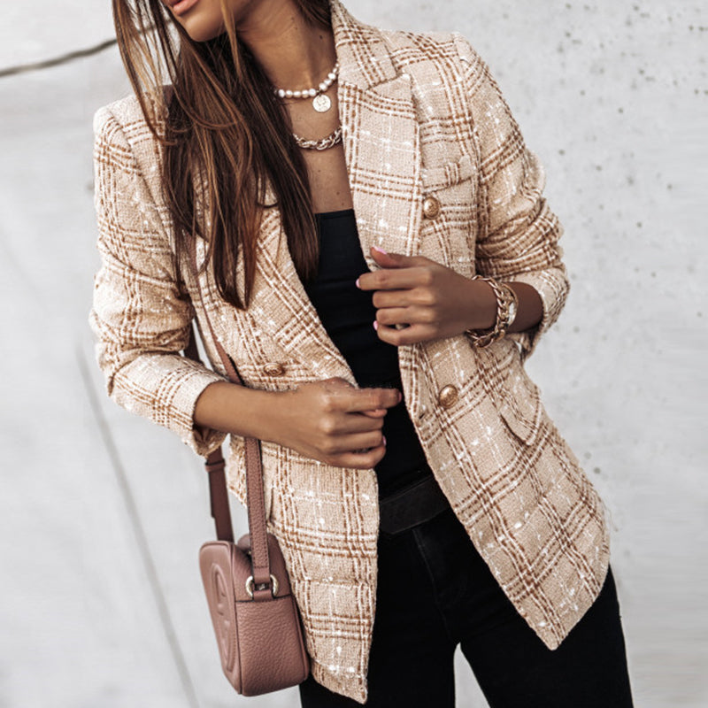 Versatile women's fashion blazer with a chic checked pattern and double-breasted design for all seasons.