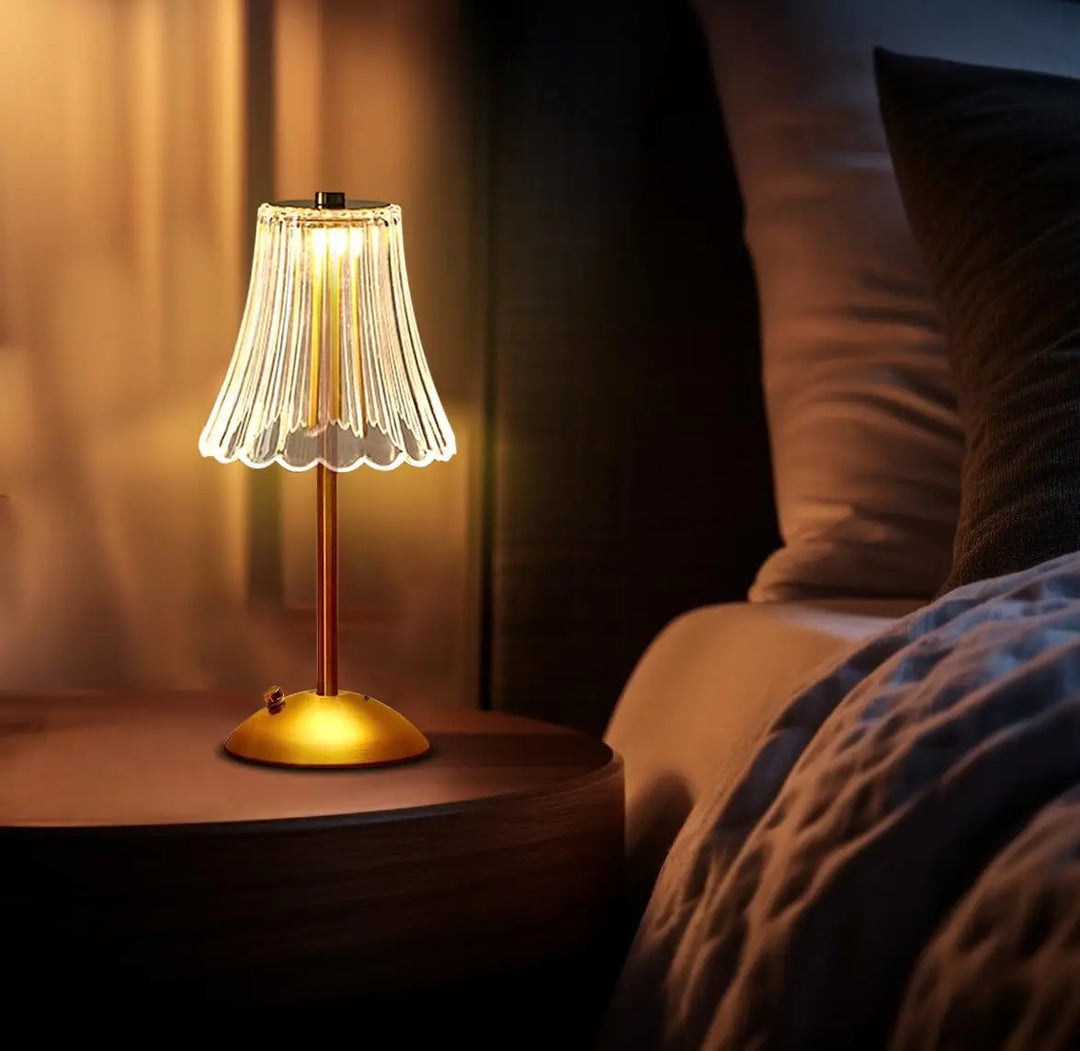 Decorative LED crystal lamp, gold base, perfect for modern or classic room decor.