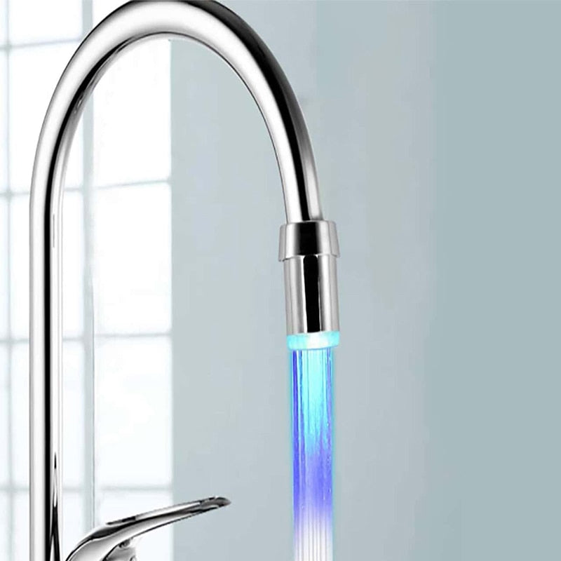 Multicolor LED faucet light for kitchen sink. Automatic water glow enhances kitchen decor, no batteries needed.