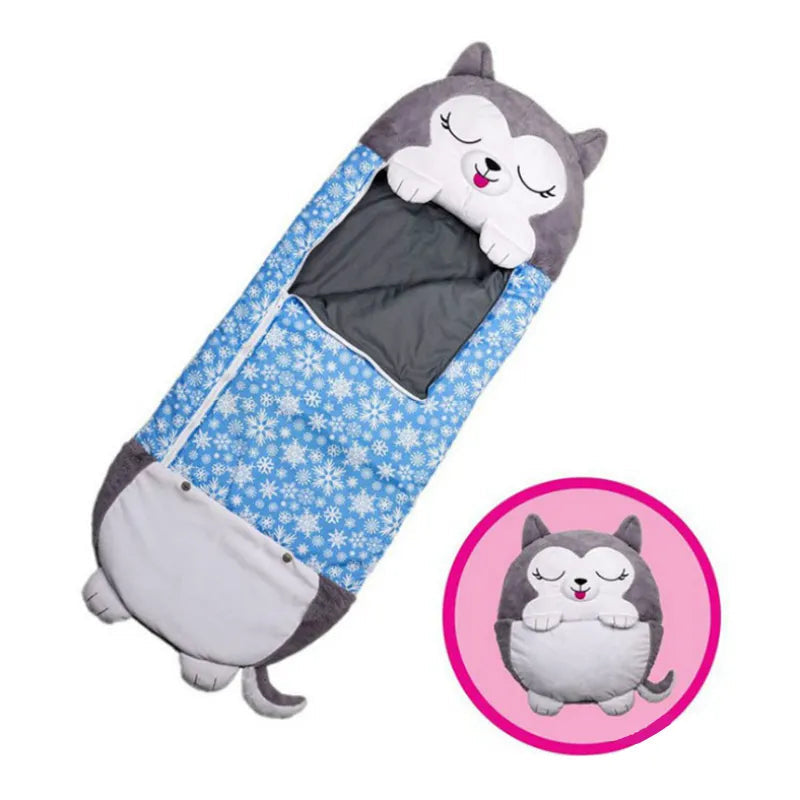Children's soft animal sleeping bag, ideal as a nap mat or for fun sleepovers; easily foldable & plush.
