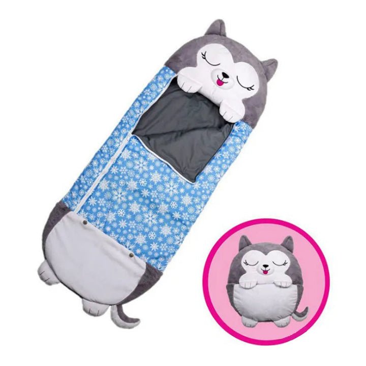 Children's soft animal sleeping bag, ideal as a nap mat or for fun sleepovers; easily foldable & plush.