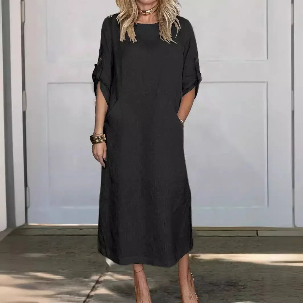 Women's flowy A-line maxi dress, ideal for casual summer days, beachwear, or a comfortable vacation outfit.