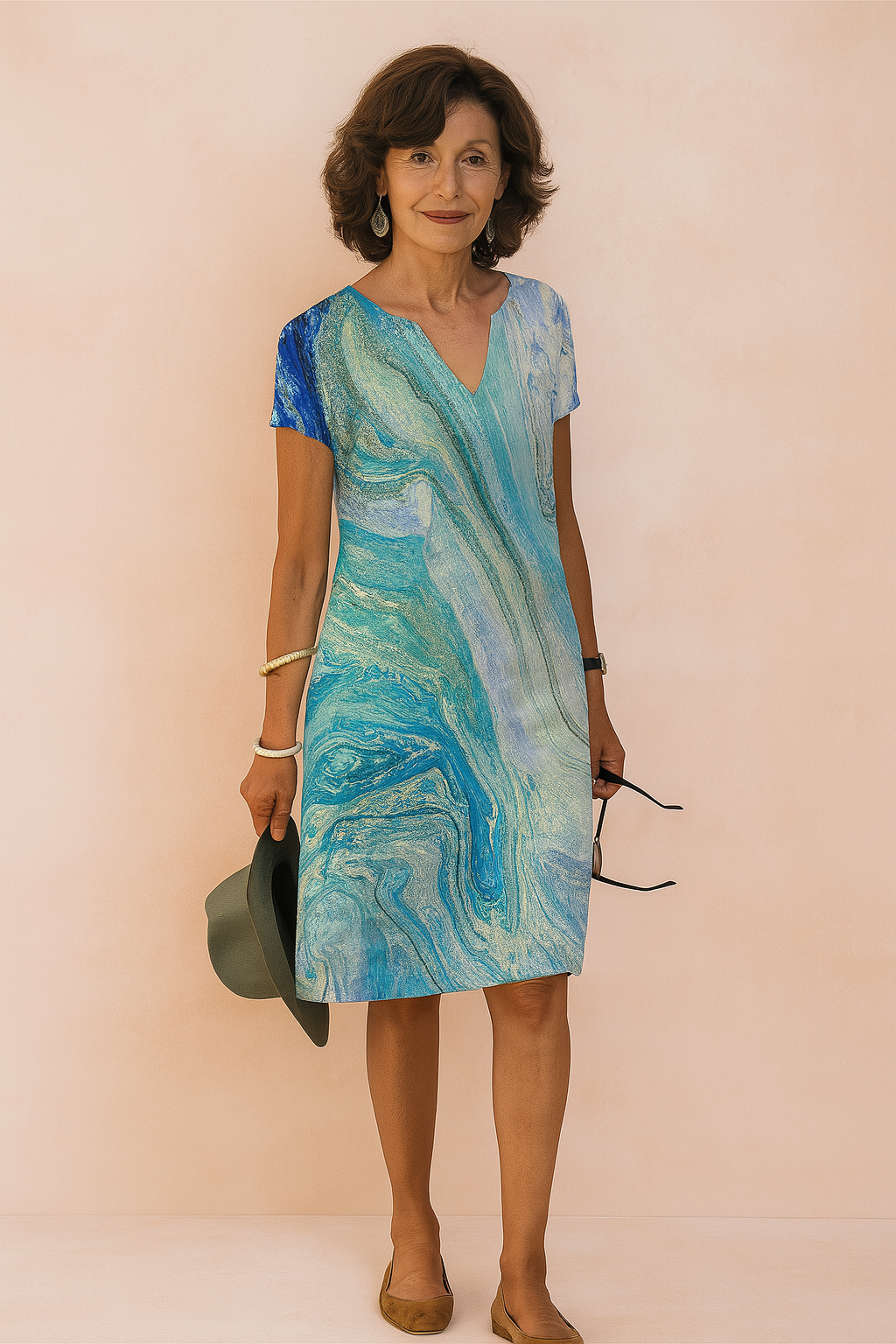 Purple floral V-neck summer dress. Women's elegant and comfortable warm-weather style.