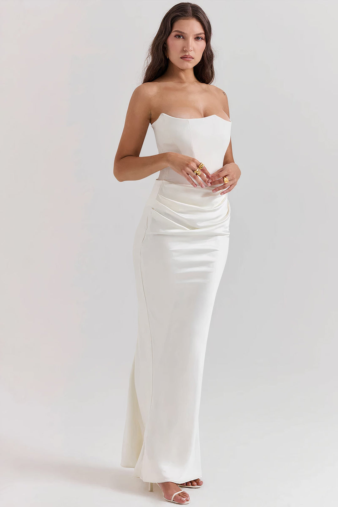 Lightweight elegant women's corset dress, perfect strapless summer party wear with a flattering silhouette.