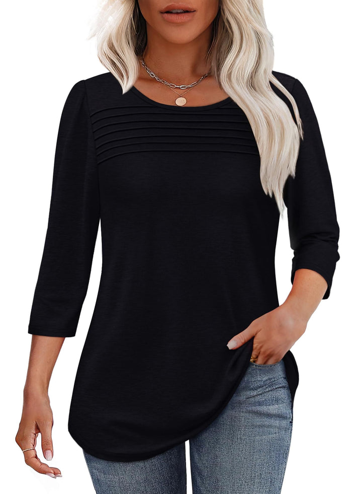 Women's 3/4 Sleeve Pleated Top with Scoop Neck