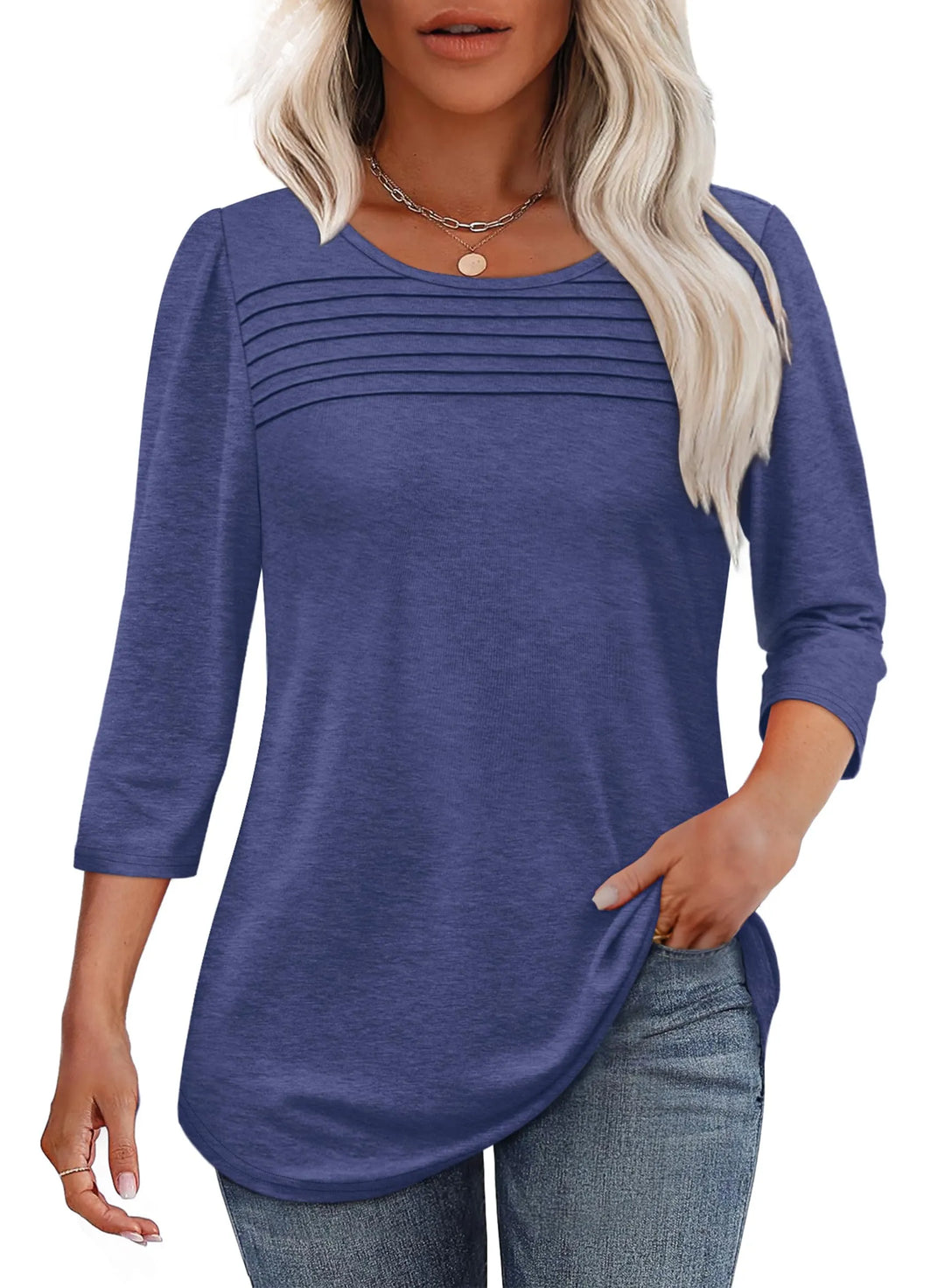 Women's 3/4 Sleeve Pleated Top with Scoop Neck