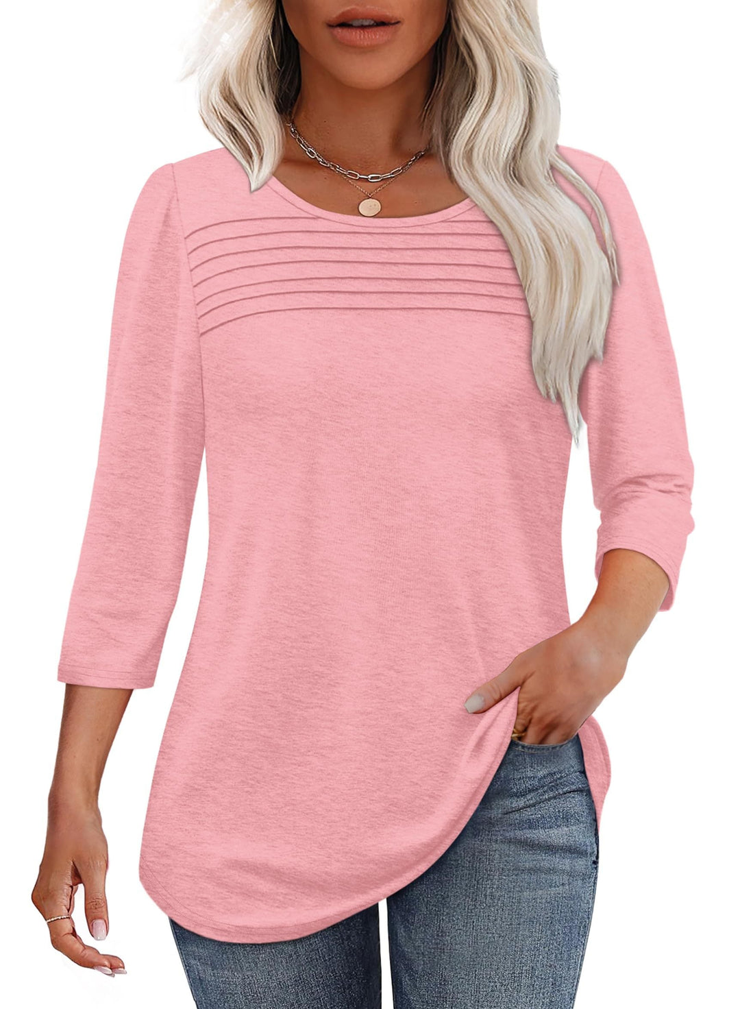 Women's 3/4 Sleeve Pleated Top with Scoop Neck