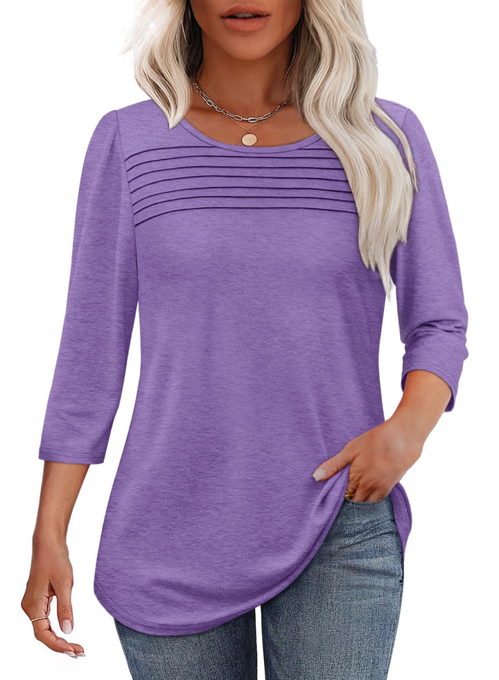 Women's 3/4 Sleeve Pleated Top with Scoop Neck