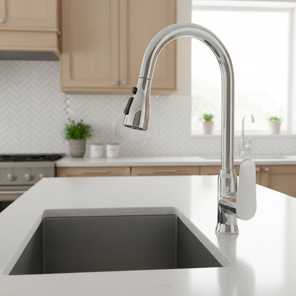 Modern kitchen faucet with pull-out spray, 360° swivel, and single handle design for home.