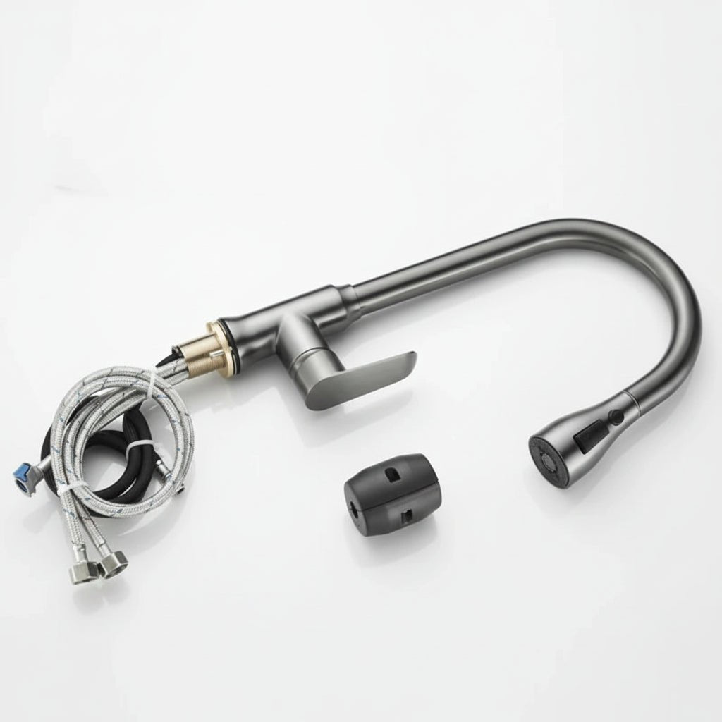 Home kitchen faucet in use, showing the pull-out spray extended for versatile washing tasks.