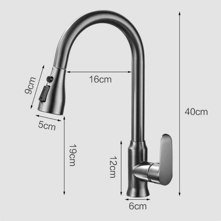 Stylish modern kitchen sink faucet, polished chrome finish, with its flexible pull-out spray hose.