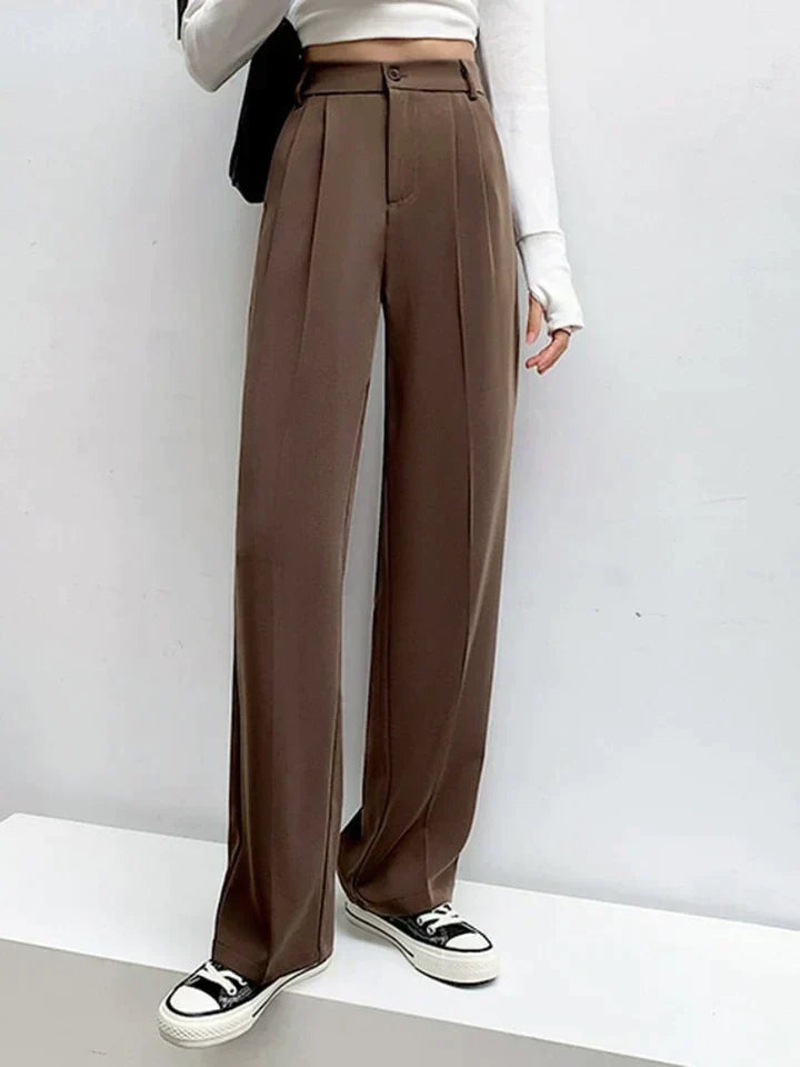 Stylish women's high waist wide leg trousers. Flattering and comfortable palazzo pants in black, white, brown.