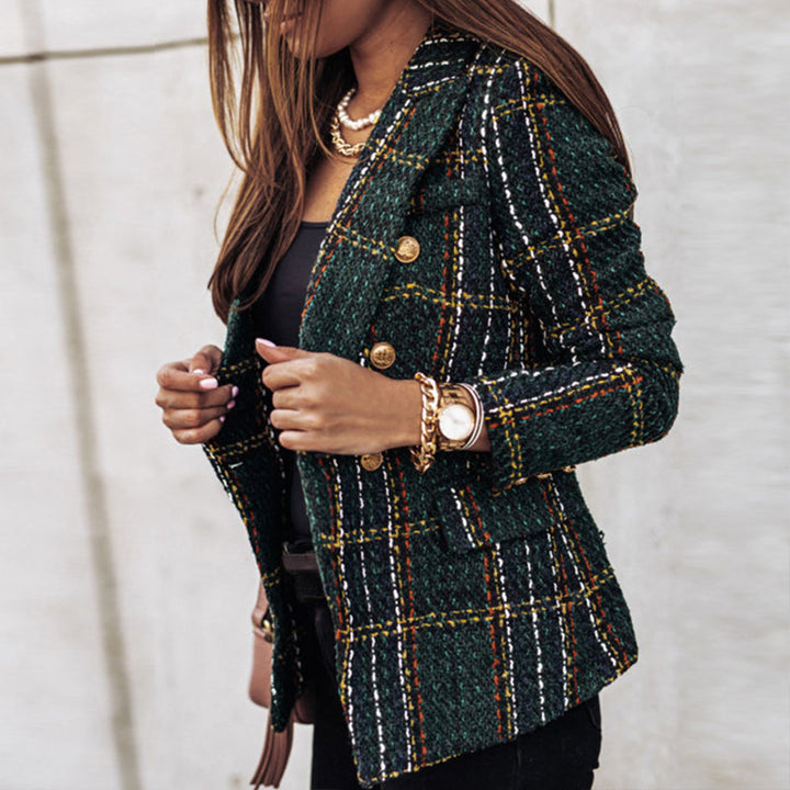 Elegant women's checked double-breasted blazer, perfect for stylish workwear or sophisticated fall fashion.