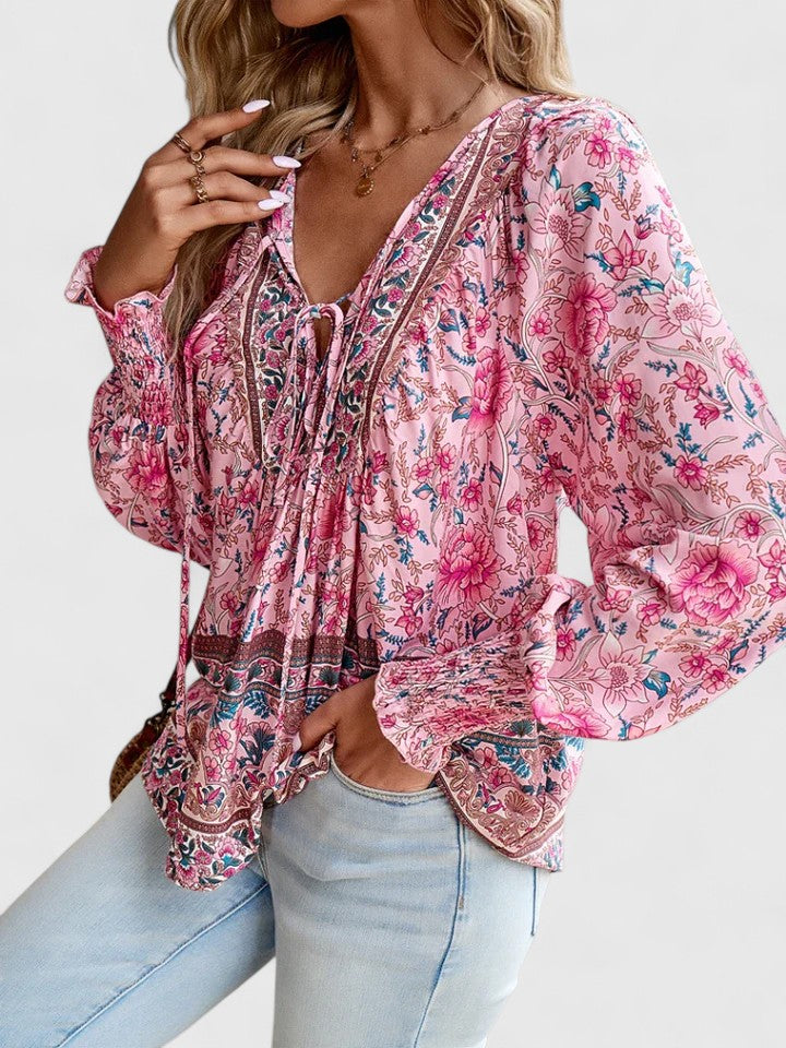 Women's Boho V-Neck Lace-Up Blouse