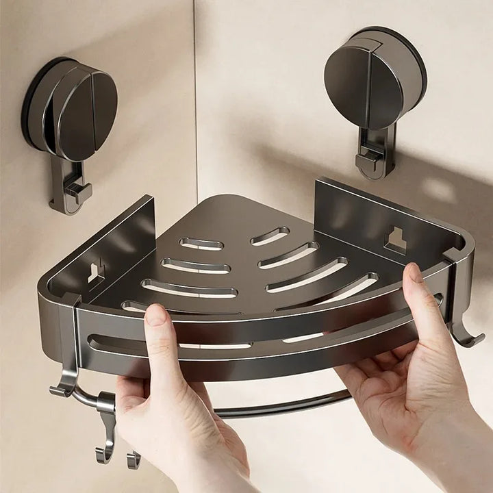Modern gun grey no-drill suction cup bathroom shelf, luxury shower caddy for toiletries storage.