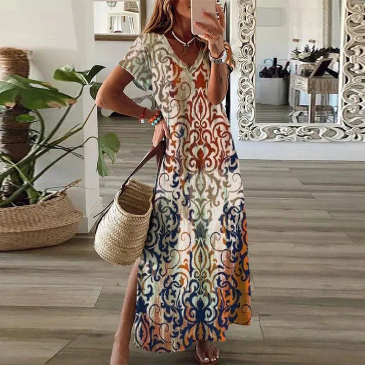 Women's Printed Maxi Dress with V-Neck & Split