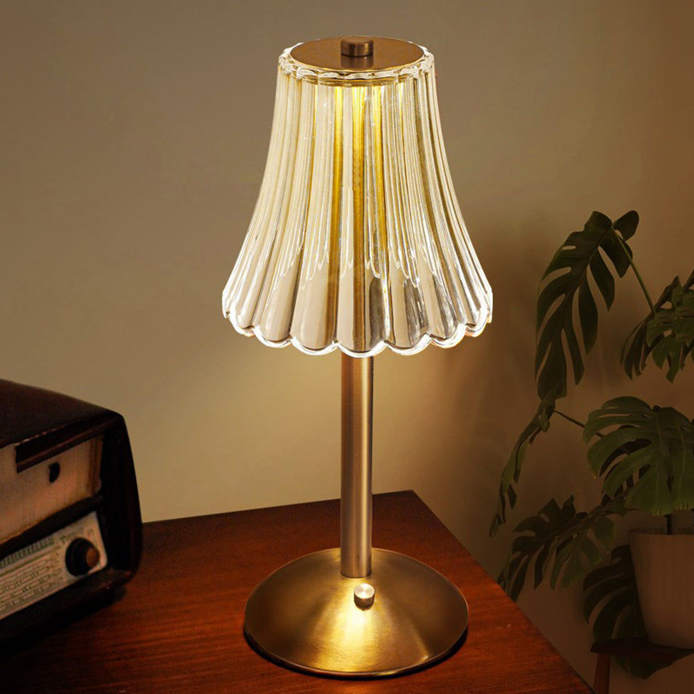 Portable Golden Crystal LED Lamp, dimmable with touch control, perfect for modern home decor.