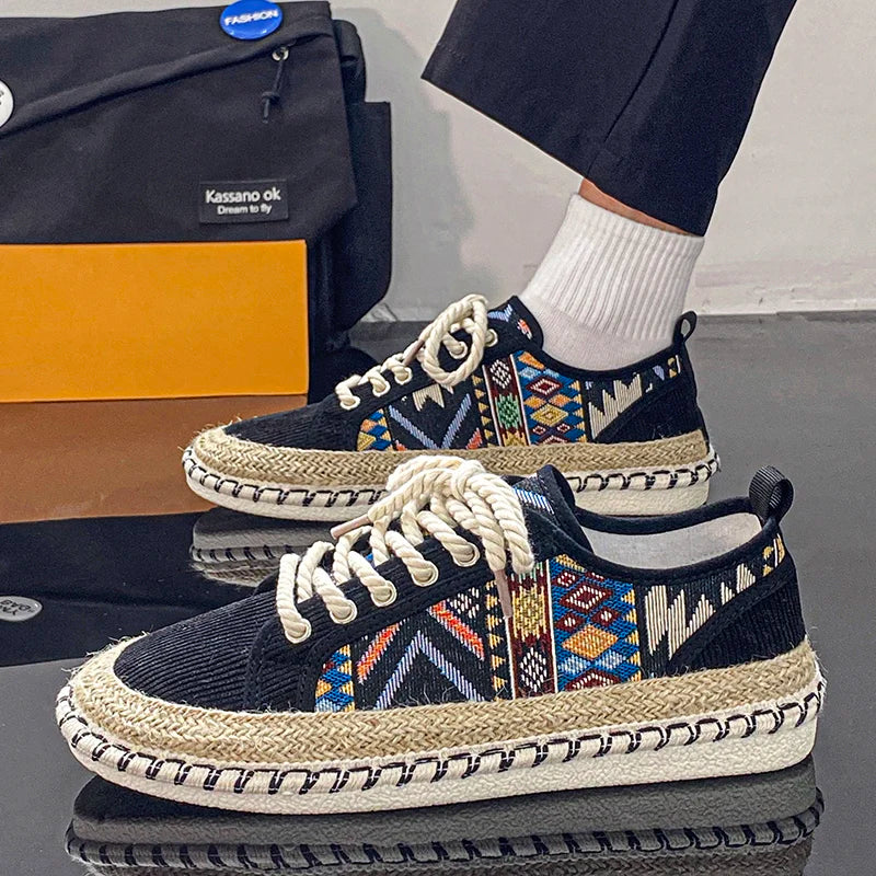 Men's fashion sneakers: heritage walkers with a bold Aztec print and ultimate comfort.
