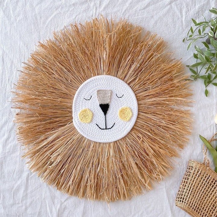 Handmade rattan lion wall art for children's nursery decor. Soft animal art for kids' bedroom.