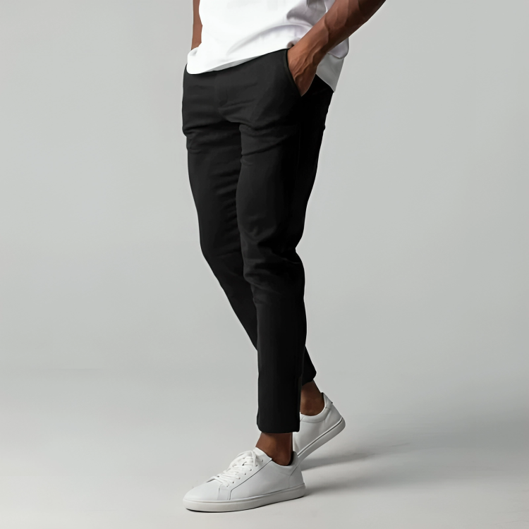 Wrinkle-resistant men's flex chinos, modern slim fit, offering comfort stretch for all-day style.