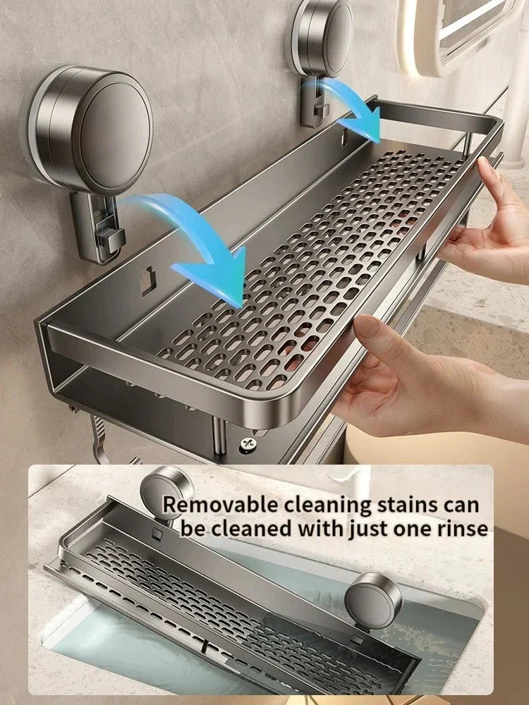 Aluminum shower caddy with powerful suction cups. Organize your bathroom without drilling.