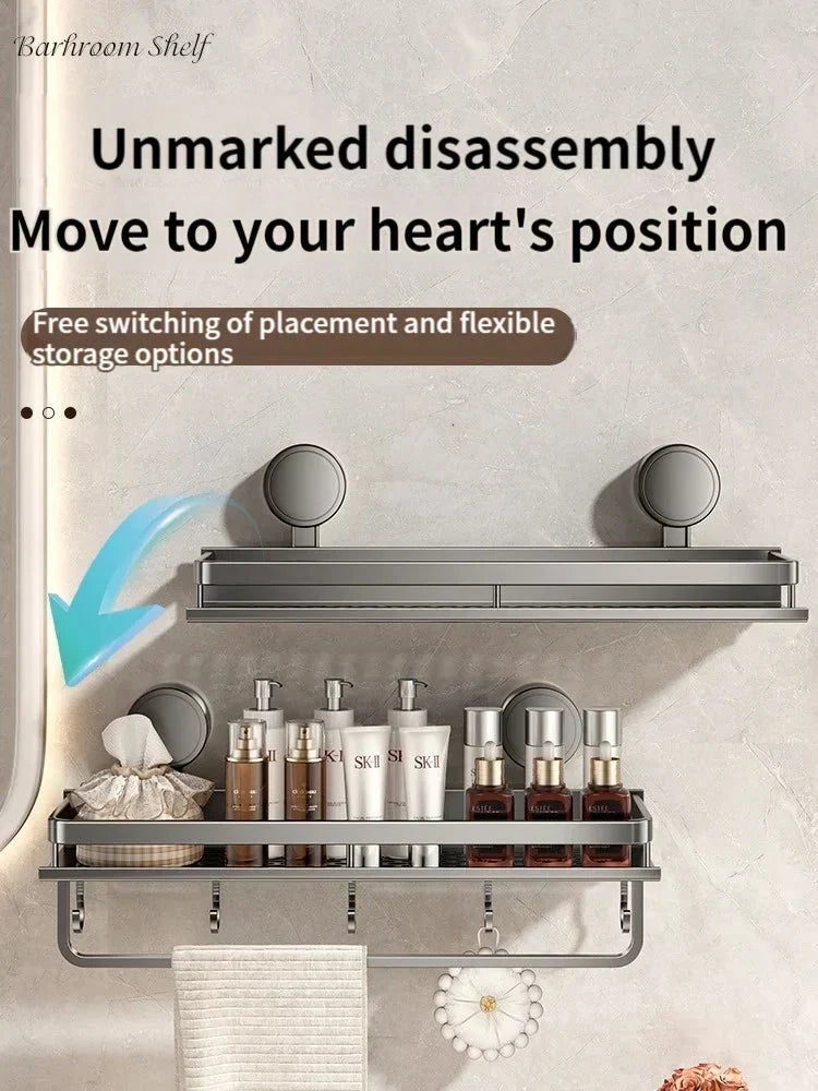 Wall-mount suction cup shower shelf with drainage. Keep your bath essentials tidy & dry.