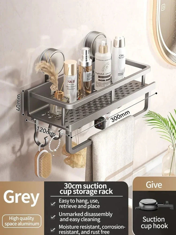 Modern shower caddy for bathroom organization. Strong suction cup wall mount, no drilling needed.