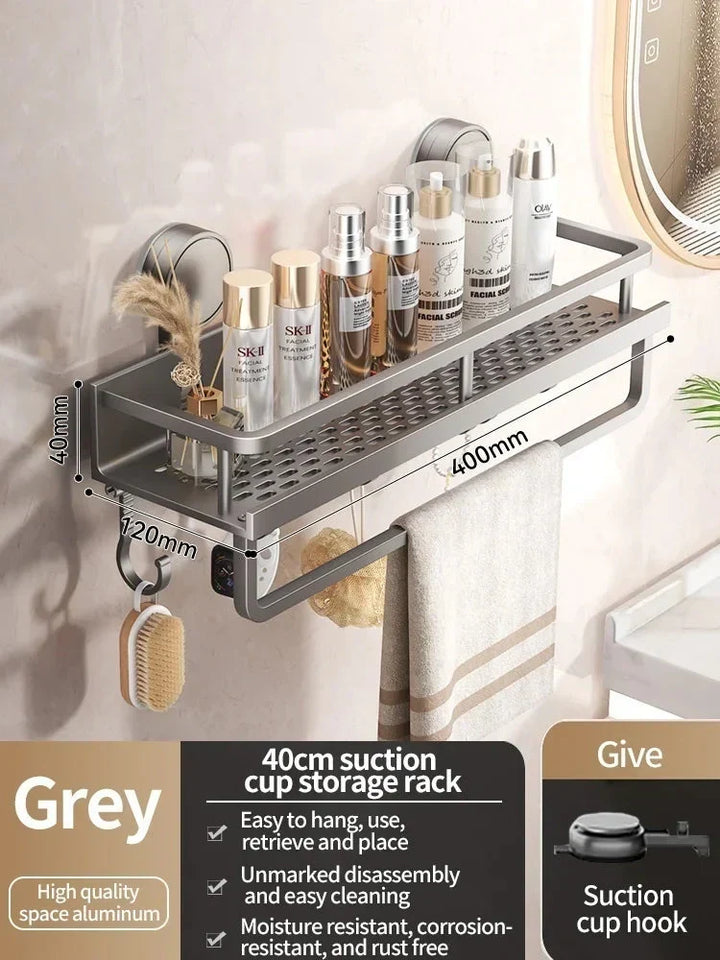 Silver aluminum suction cup shelf for shower. Rust-proof storage solution with excellent drainage.