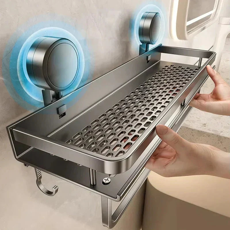 No-drill suction cup bathroom shelf for shower organization. Easy install wall mount shower caddy.