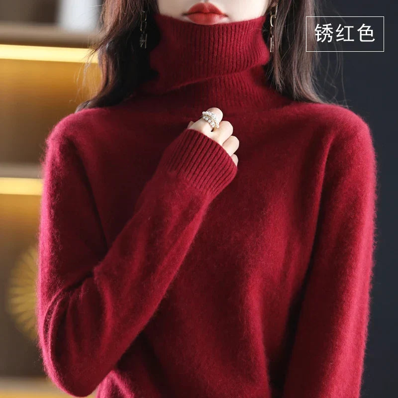 Soft and warm women's long-sleeve turtleneck sweater, showcasing its comfortable fit.