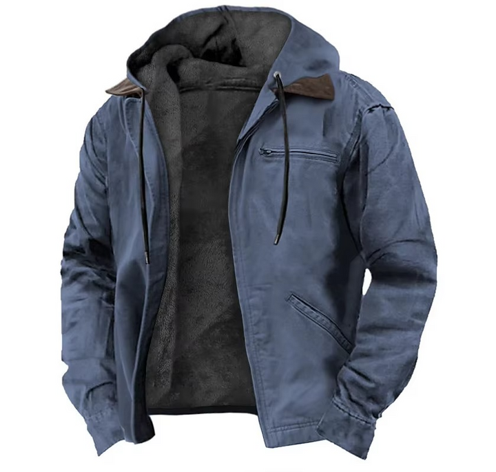 Casual men's full zip winter jacket, featuring an adjustable hood and warm fabric for outdoor activities.