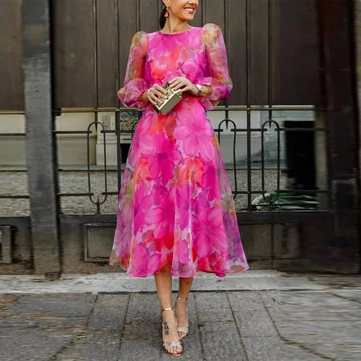 Women's Floral Midi Dress with Sheer Long Sleeves