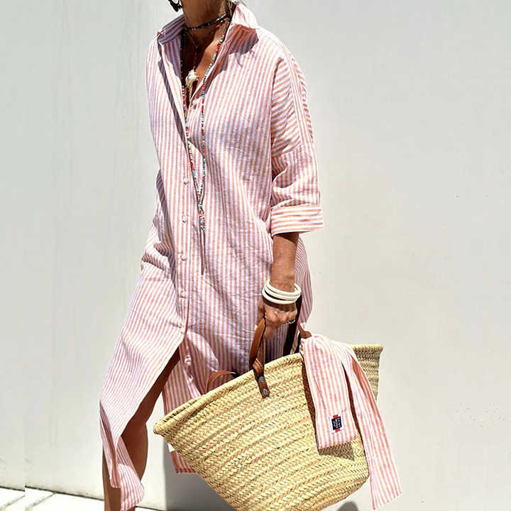 Chic women's striped shirtdress for effortless style, perfect for casual outings or elegant office wear.