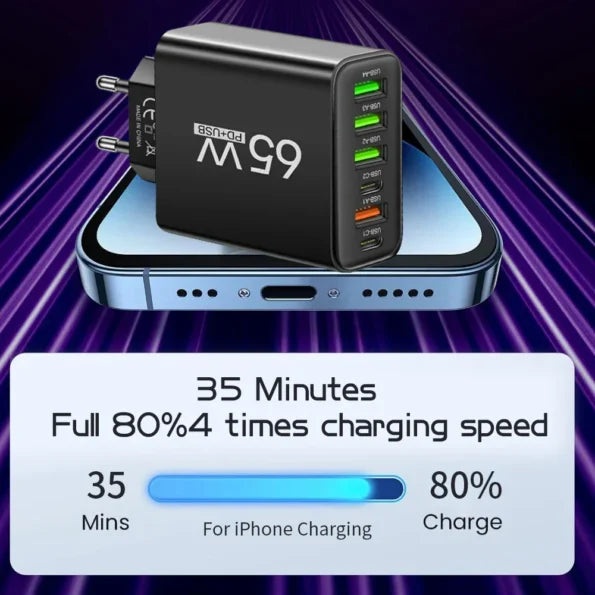 Compact 65W universal travel charger, powers up to 6 devices like laptops, phones, and tablets fast.
