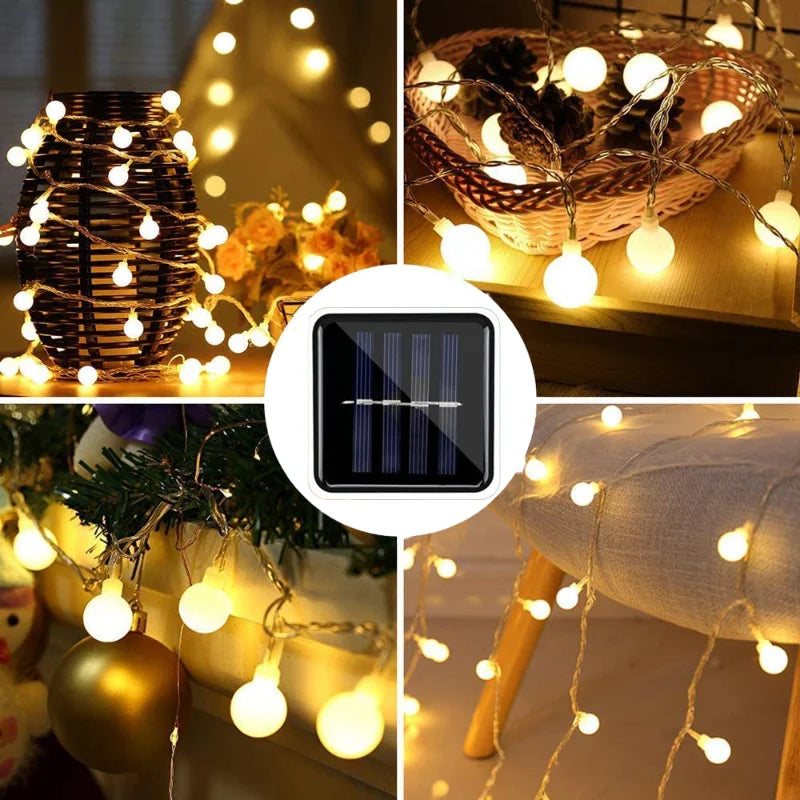 Solar panel and long LED string lights, ready for easy outdoor garden & patio installation, eco-friendly.
